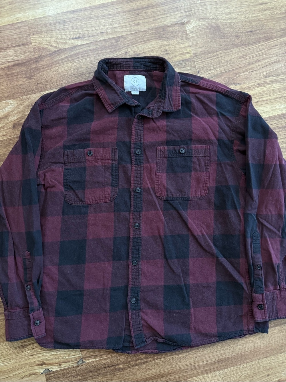 Cotton On Men's Burgundy and Black Plaid Button-Down Shirt